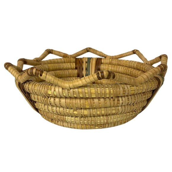 Handwoven Natural Coiled Straw Basket With Decorative Multicolor Stripes Accents - Picture 5 of 7